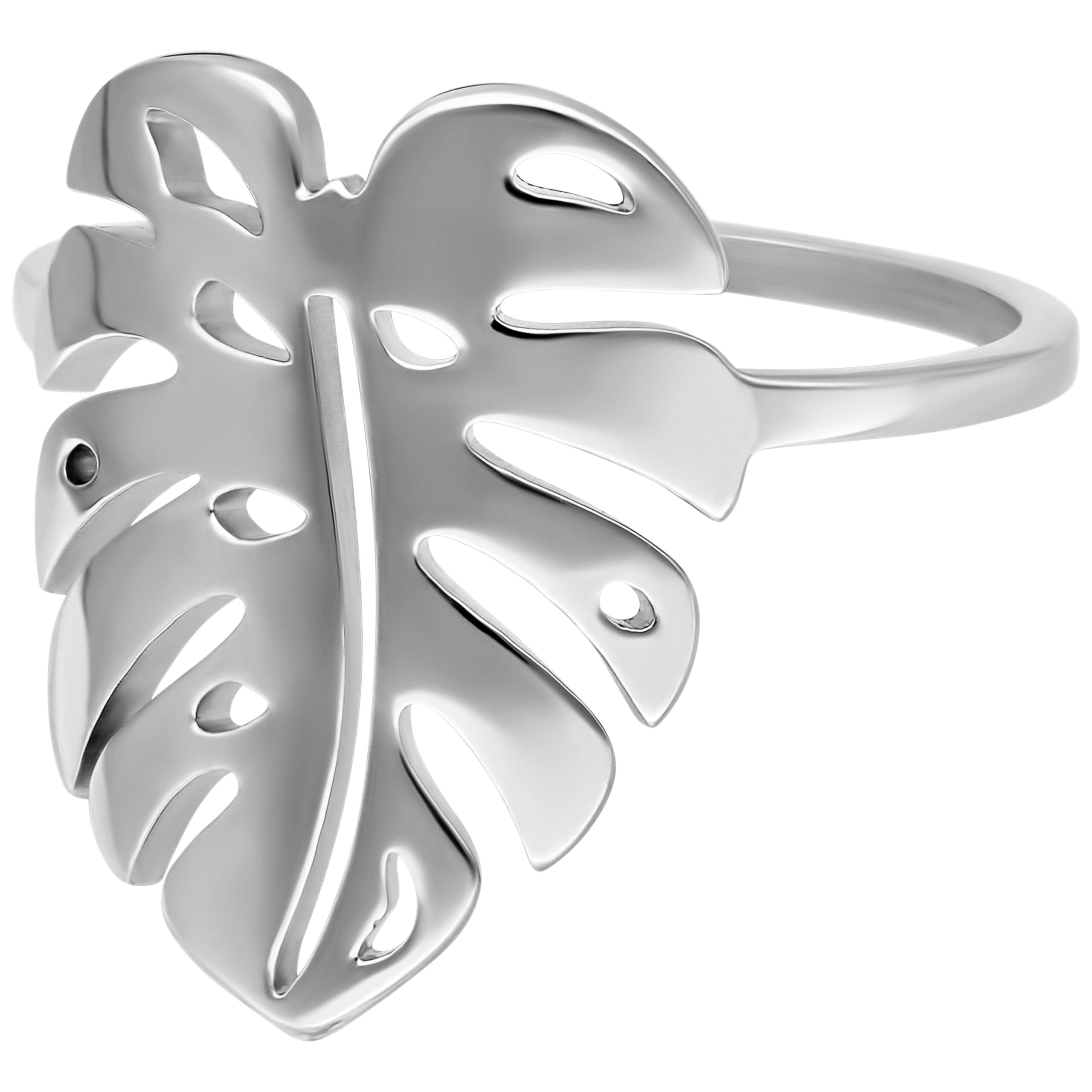 Anello argentato a forma di Monstera su sfondo bianco