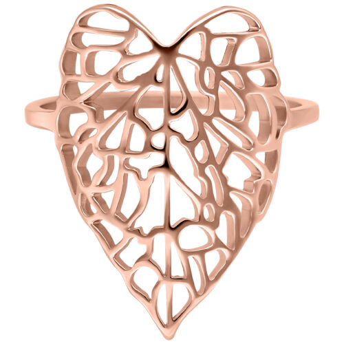 Anello in oro rosa a forma di foglia su sfondo bianco