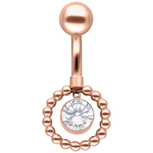 Piercing all'ombelico in oro rosa con pietra cristallina e design a sfera su sfondo bianco