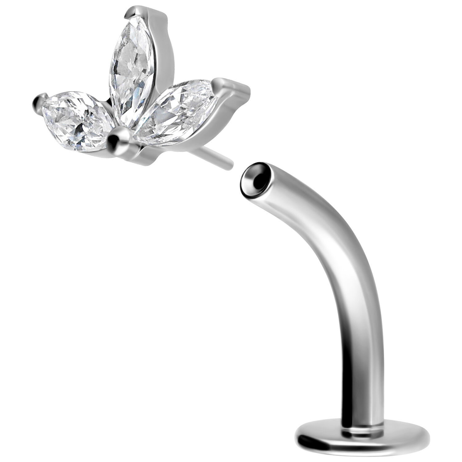 Titanio argentato Curved Labret con fiore di cristallo su sfondo bianco