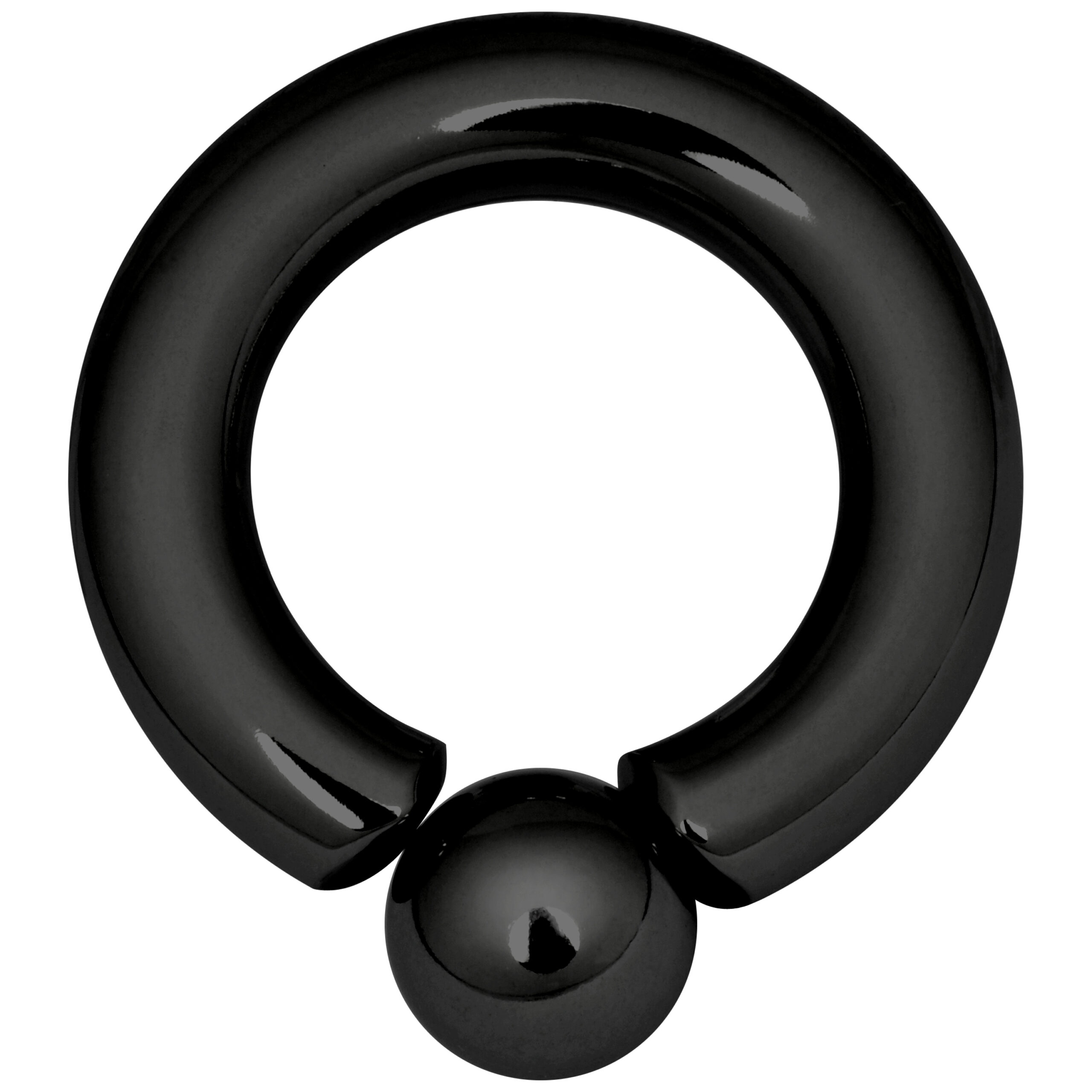 Anello piercing nero in titanio con spessore di 4 mm e diametro interno di 12 mm su sfondo bianco