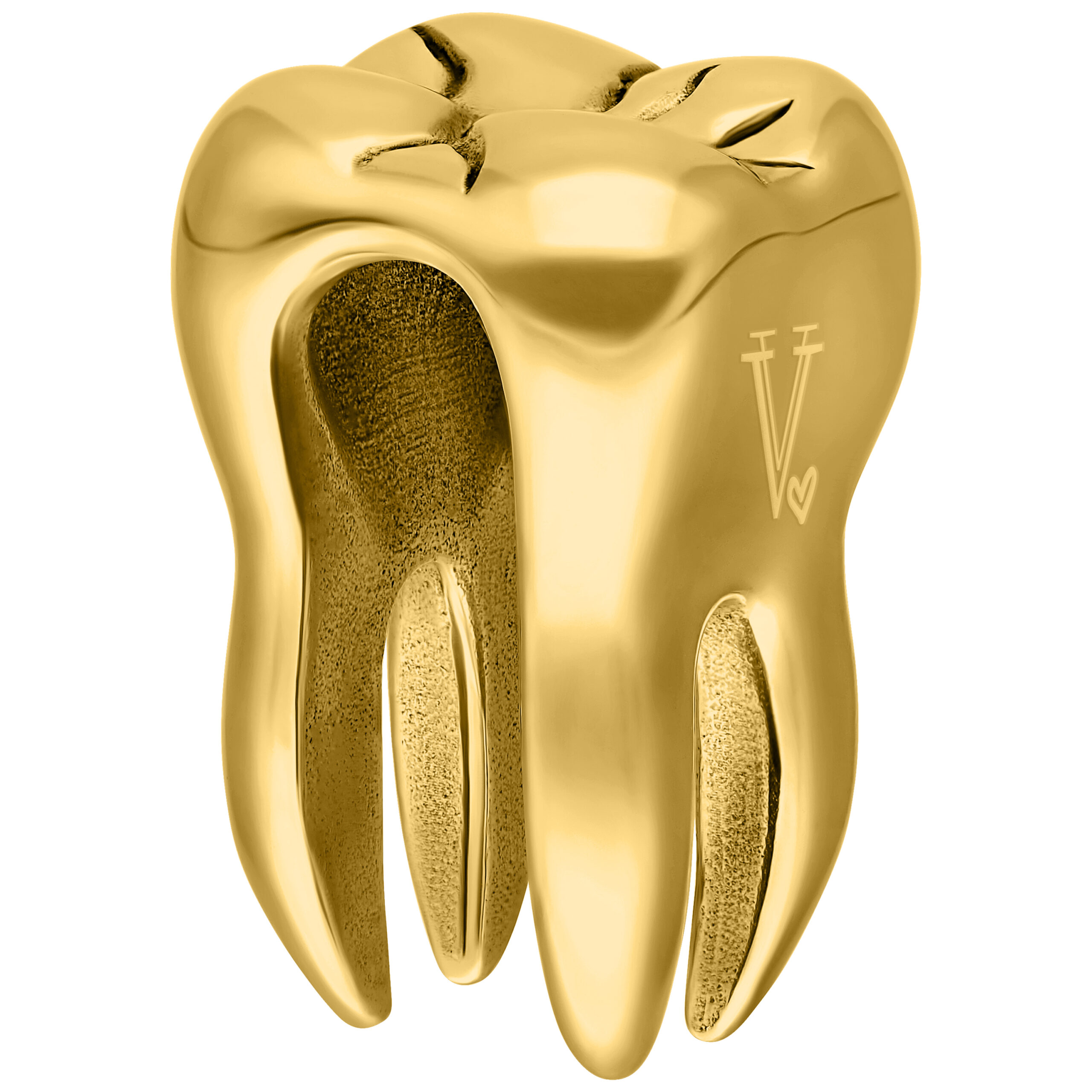 Peso per orecchio dorato a forma di dente su sfondo bianco