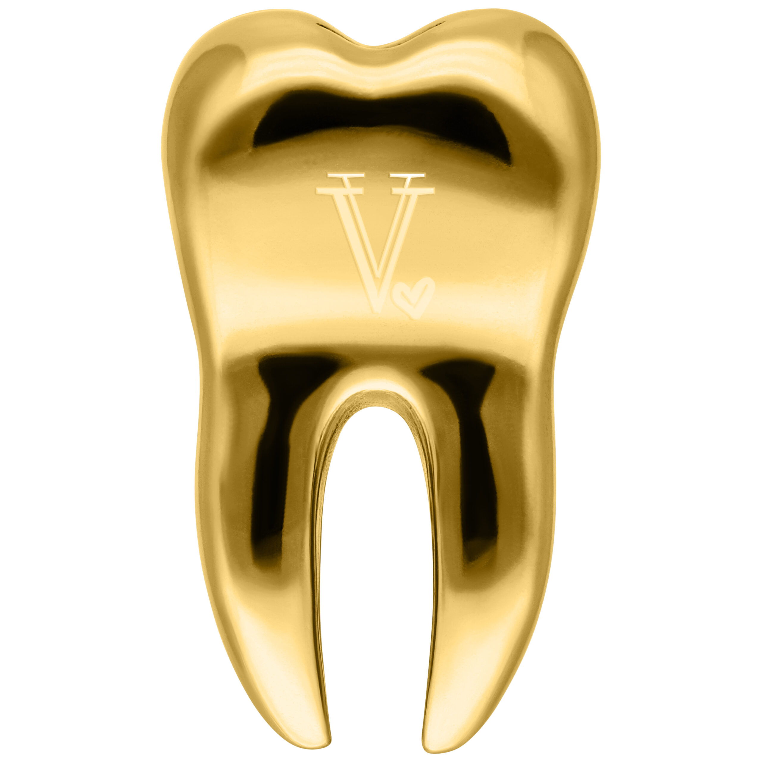 Orecchino peso dorato a forma di dente con logo Verena Venus su sfondo bianco