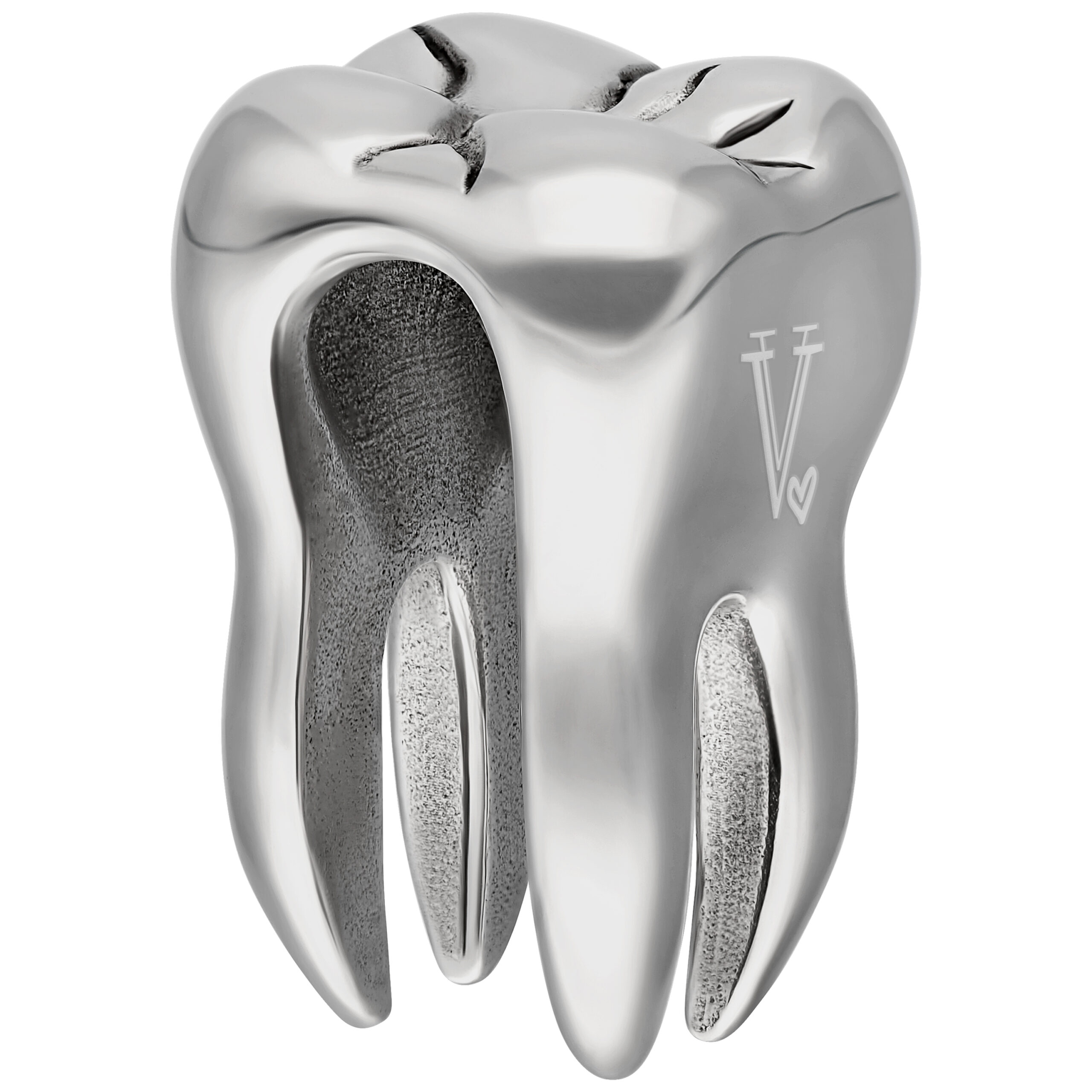 Peso per orecchio argento a forma di dente in acciaio chirurgico su sfondo bianco