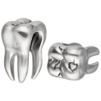 Due pesi per orecchie d'argento a forma di dente in acciaio chirurgico su sfondo bianco