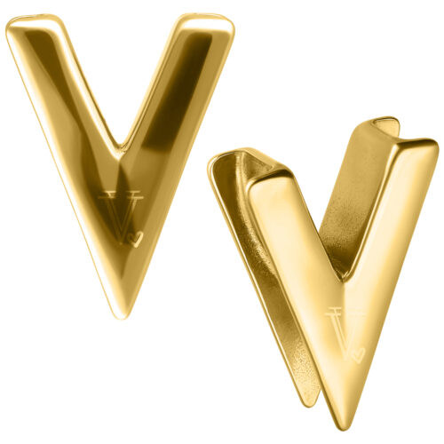 Orecchini a forma di V dorati su sfondo bianco, dimensione 10 mm