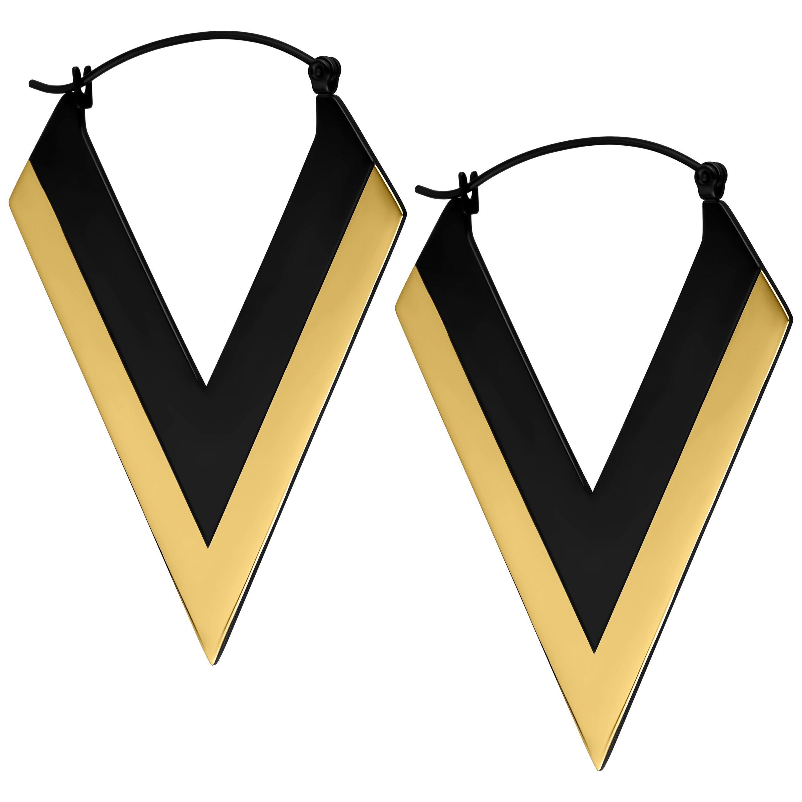 Orecchini dorati a forma di V con nero Due orecchini a forma di V in oro e nero su sfondo bianco