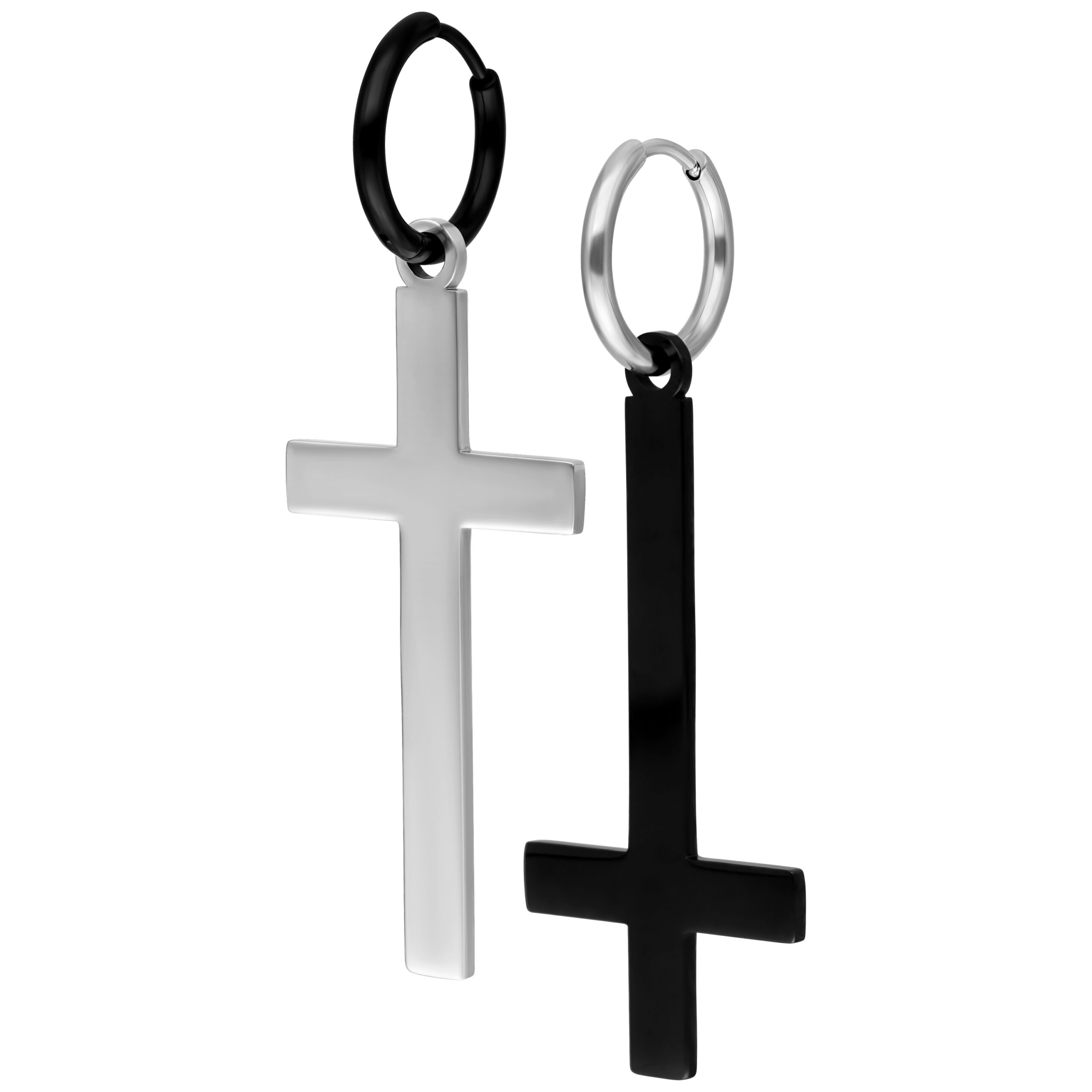 Verena Venus Cross Hoops in oro e nero Due Verena Venus Cross Hoops in acciaio chirurgico, oro e nero, su sfondo bianco