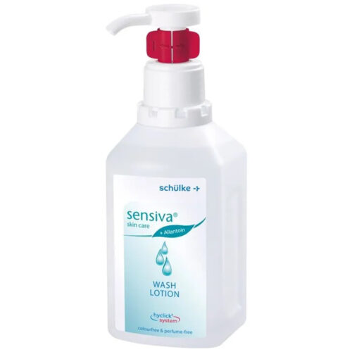 Flacone bianco di lozione Sensiva con dispenser rosso su sfondo bianco