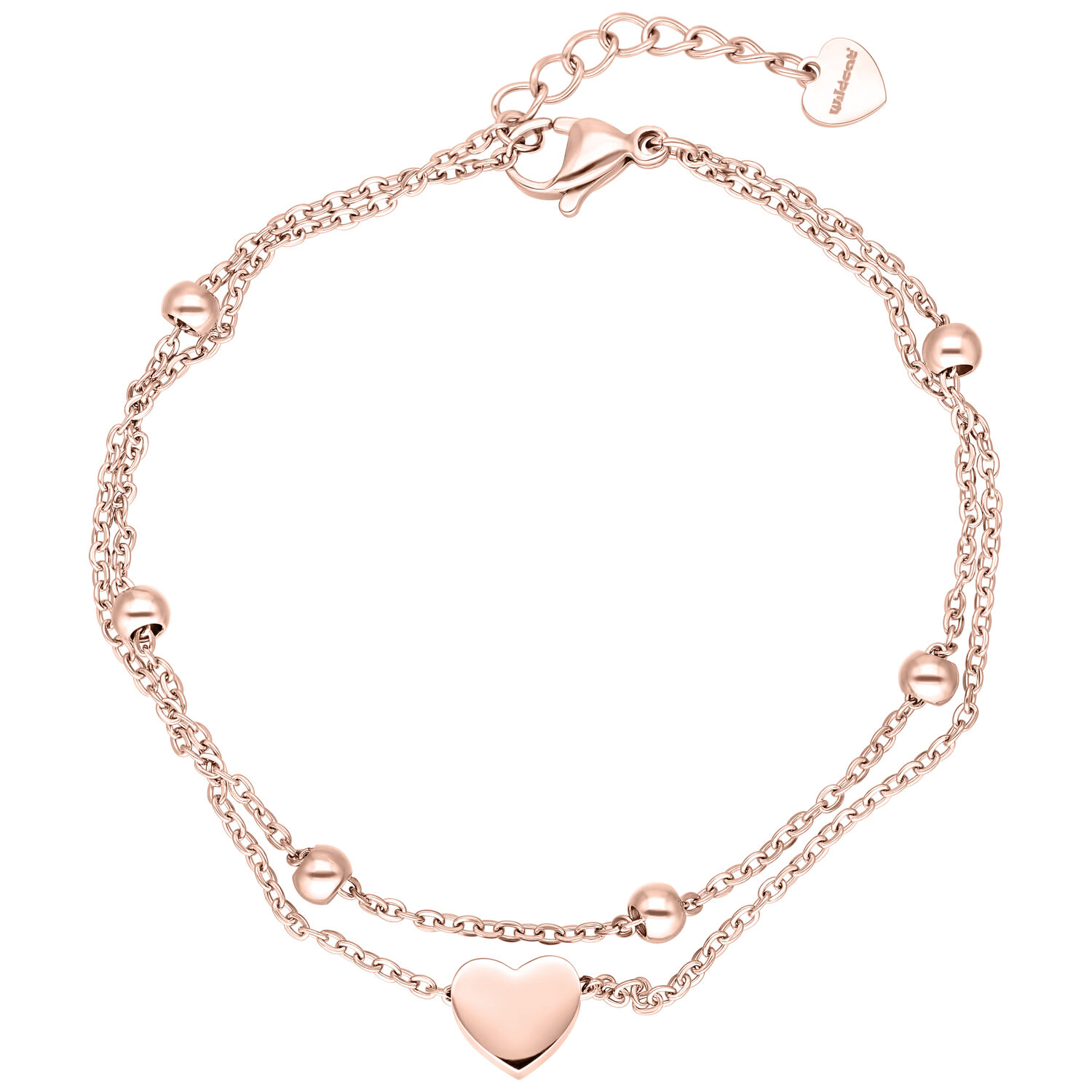 Bracciale a doppio filo in oro rosa con ciondolo a cuore su sfondo bianco