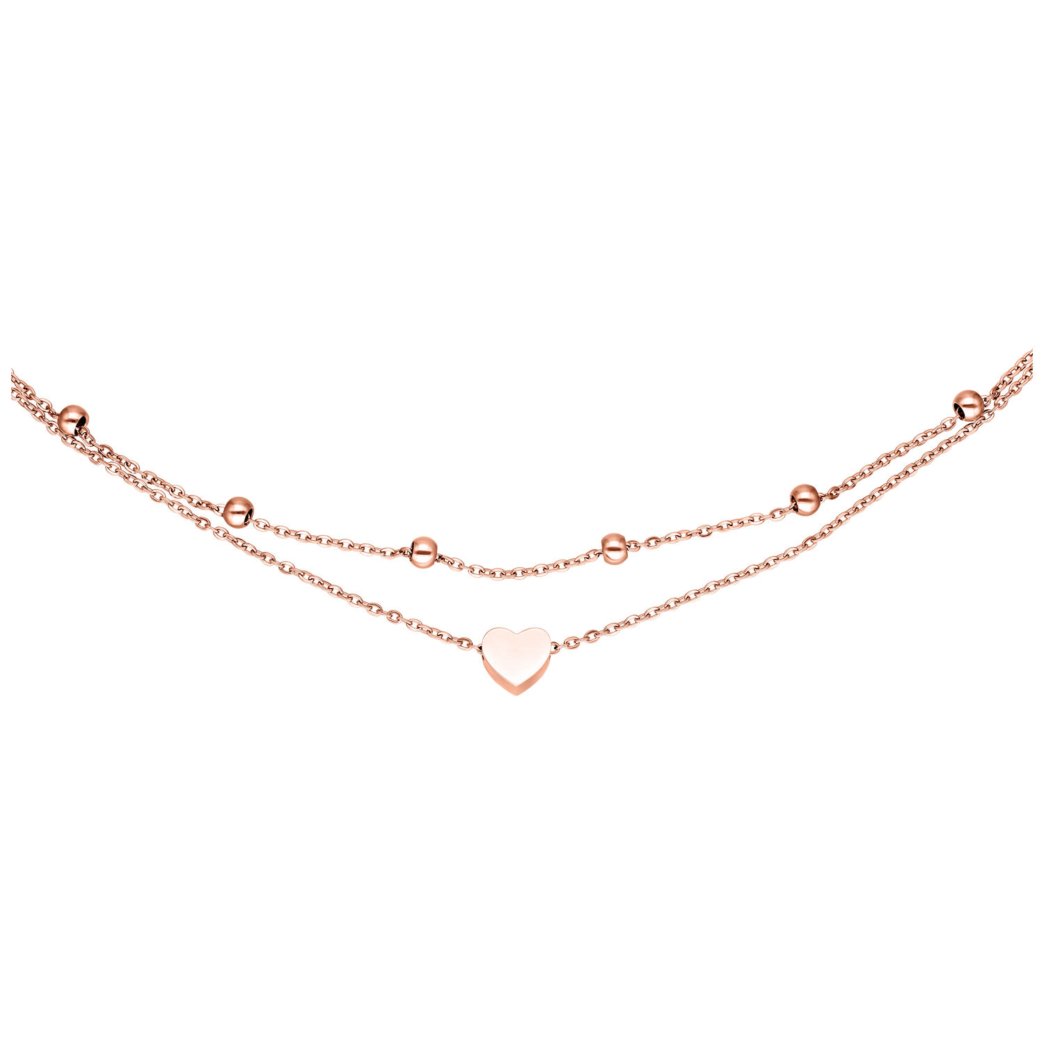 Bracciale a doppio filo con ciondolo a cuore in oro rosa su sfondo bianco