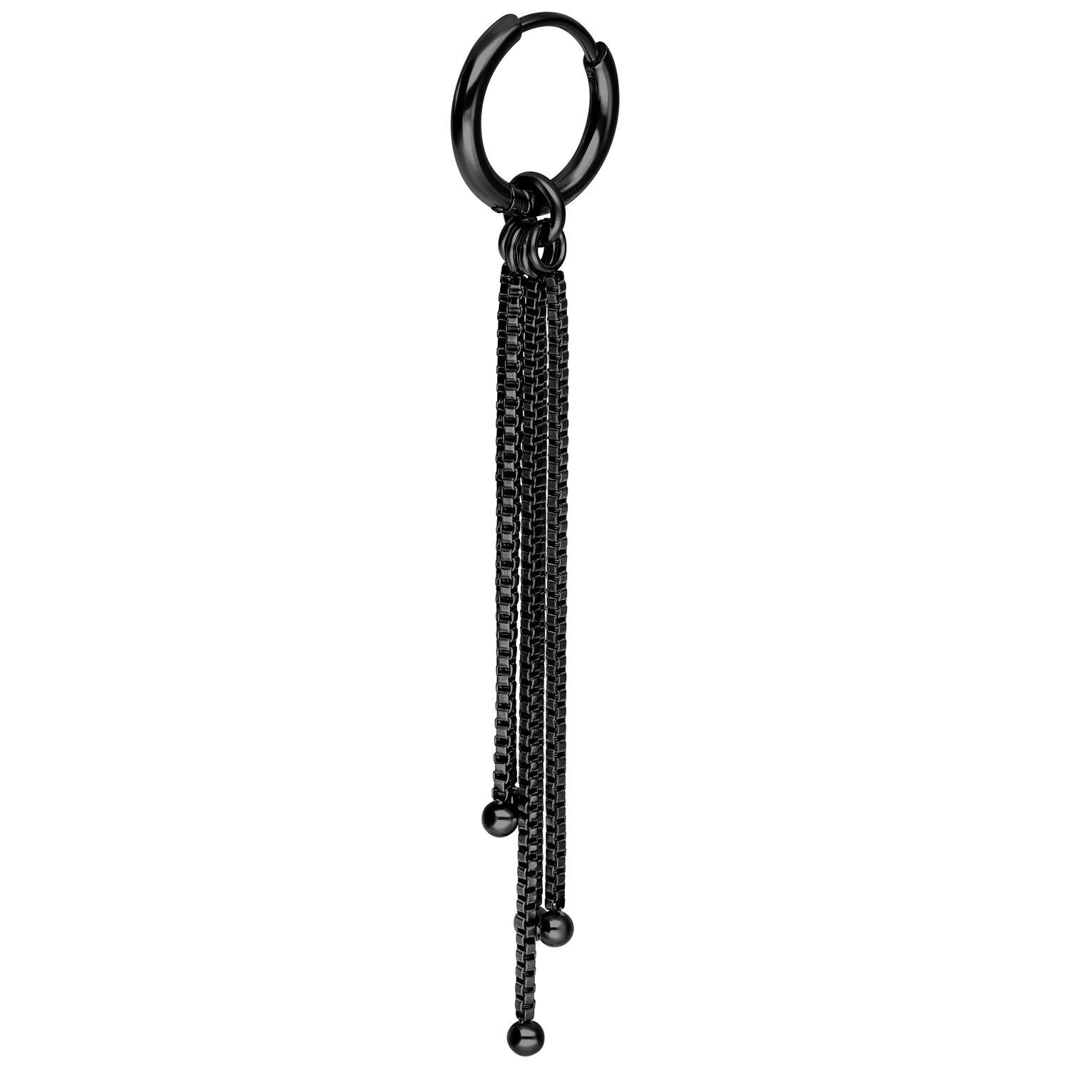 Orecchini a catena Venezia neri in acciaio chirurgico con chiusura a scatto su sfondo bianco