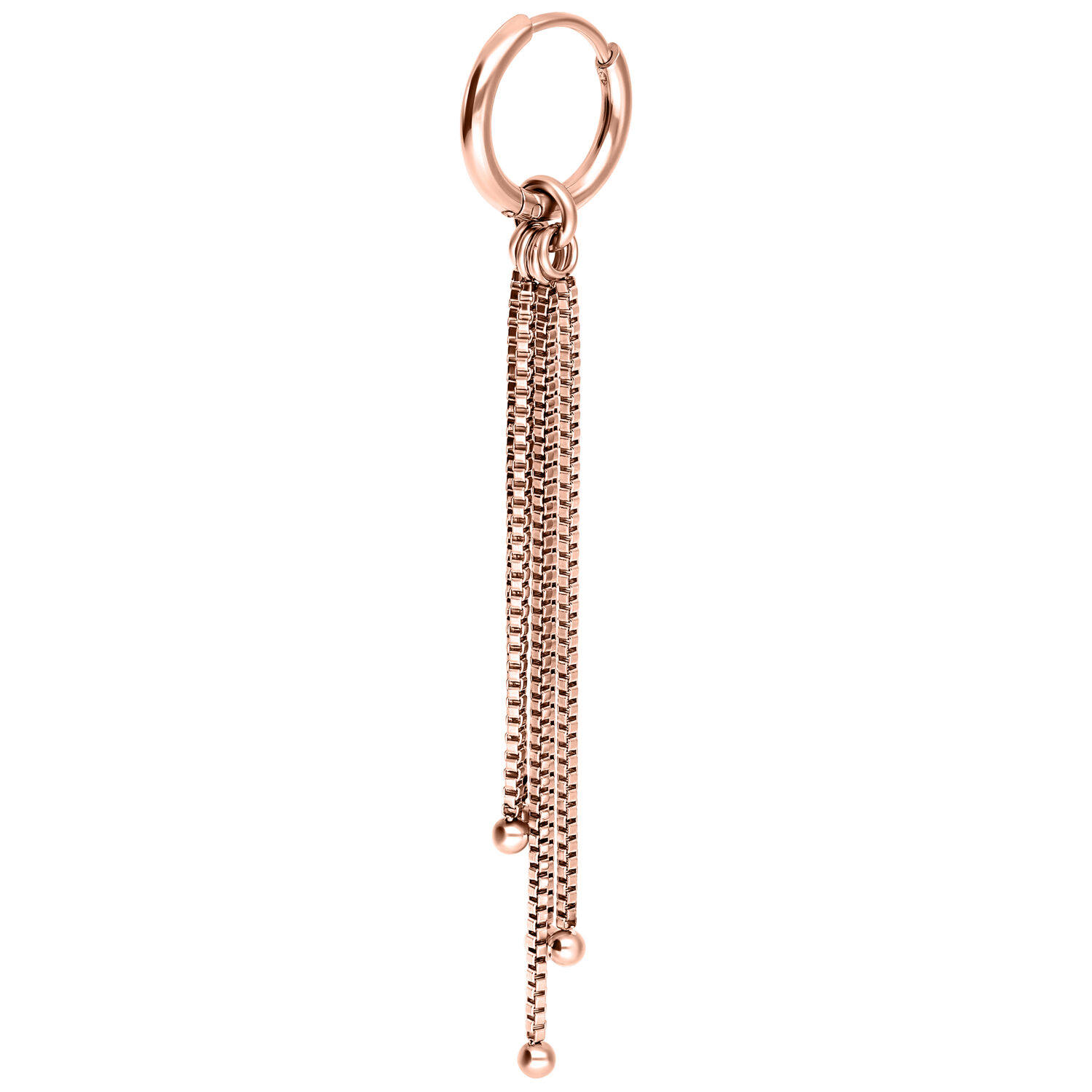 Orecchini in oro rosa con catenine veneziane su sfondo bianco