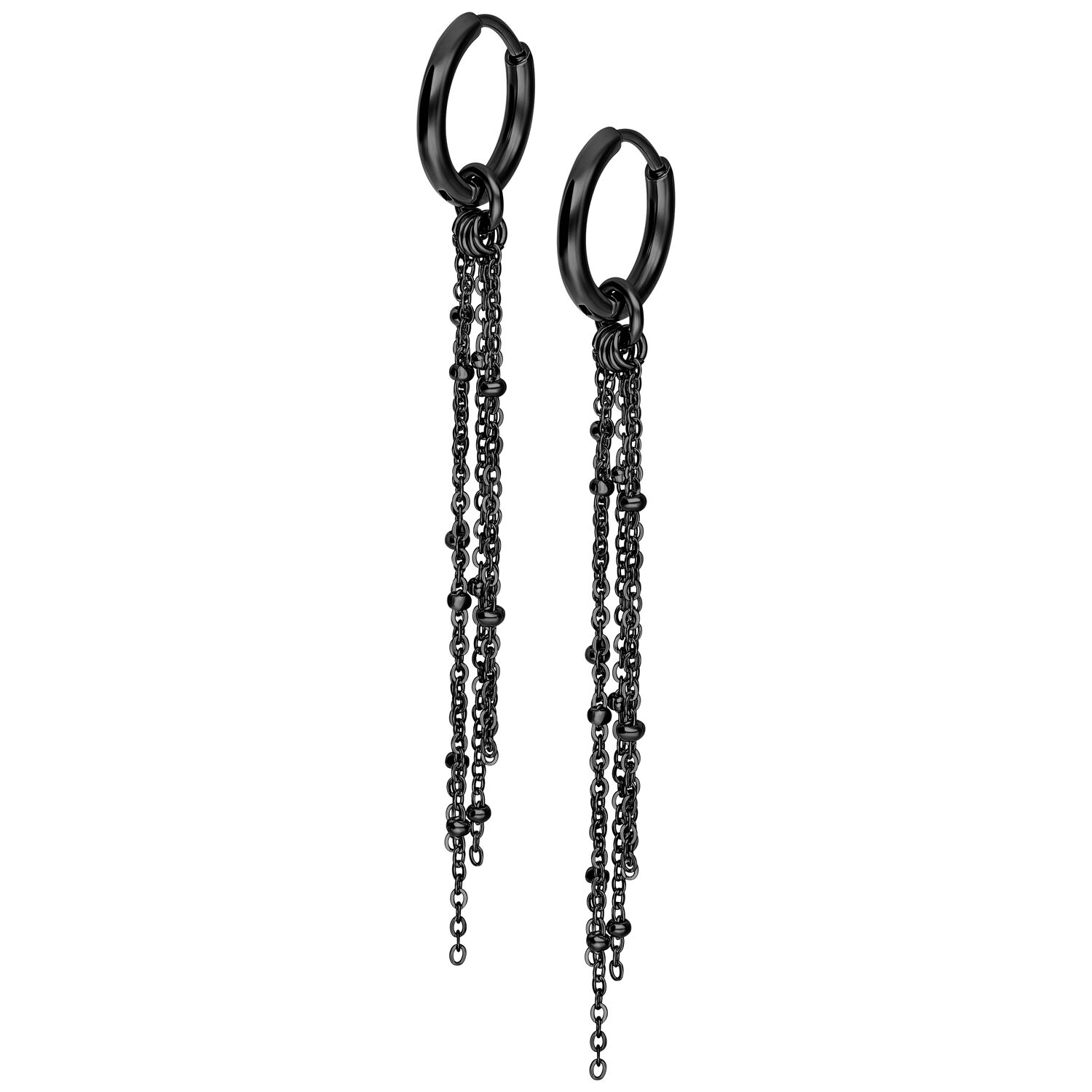 Cerchi neri lucidi con catene pendenti su sfondo bianco