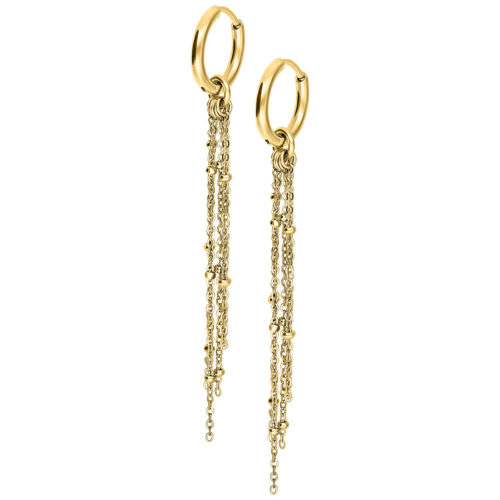 Orecchini dorati con dettagli a catena lunga su sfondo bianco