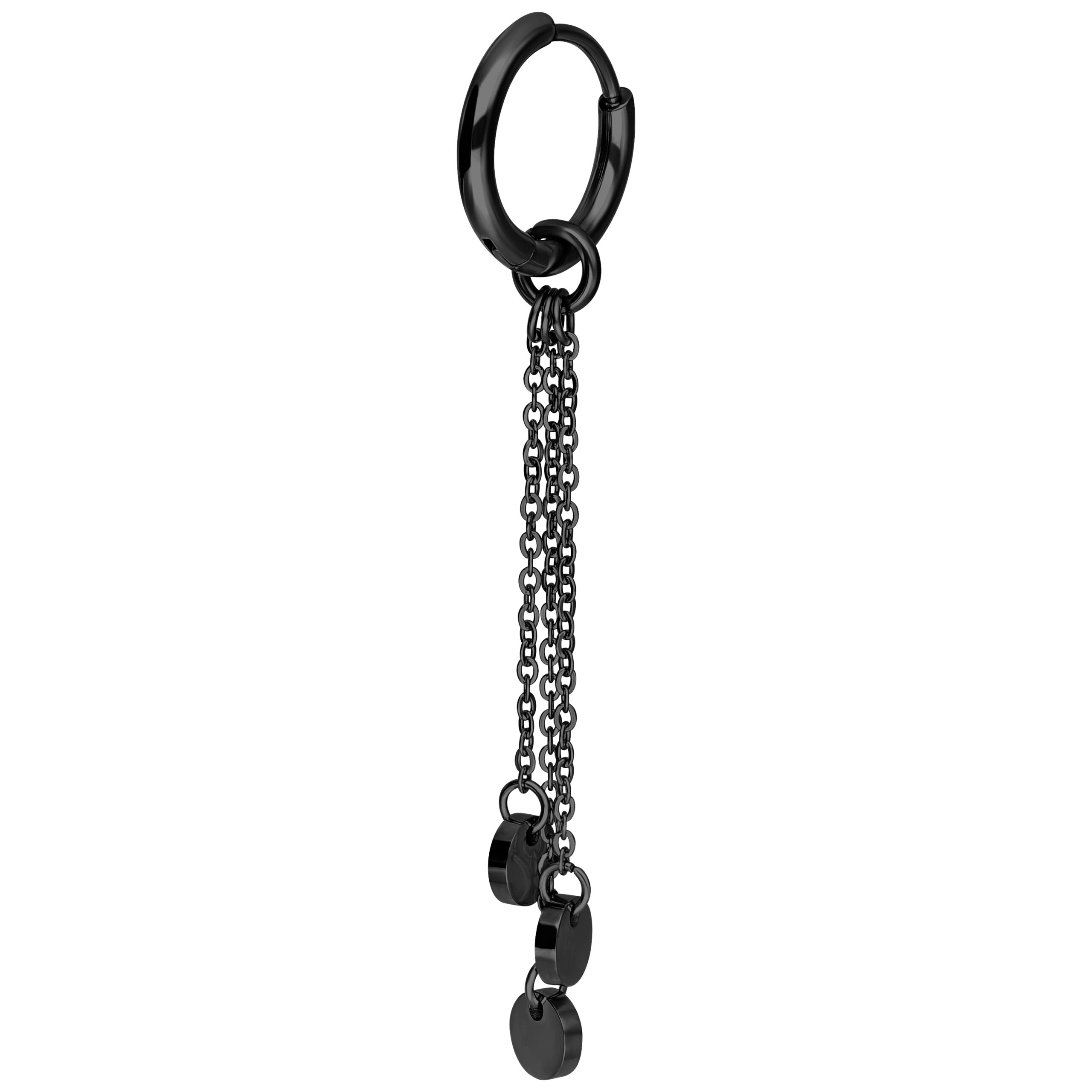 Orecchini neri in acciaio chirurgico con pendente a catena su sfondo bianco