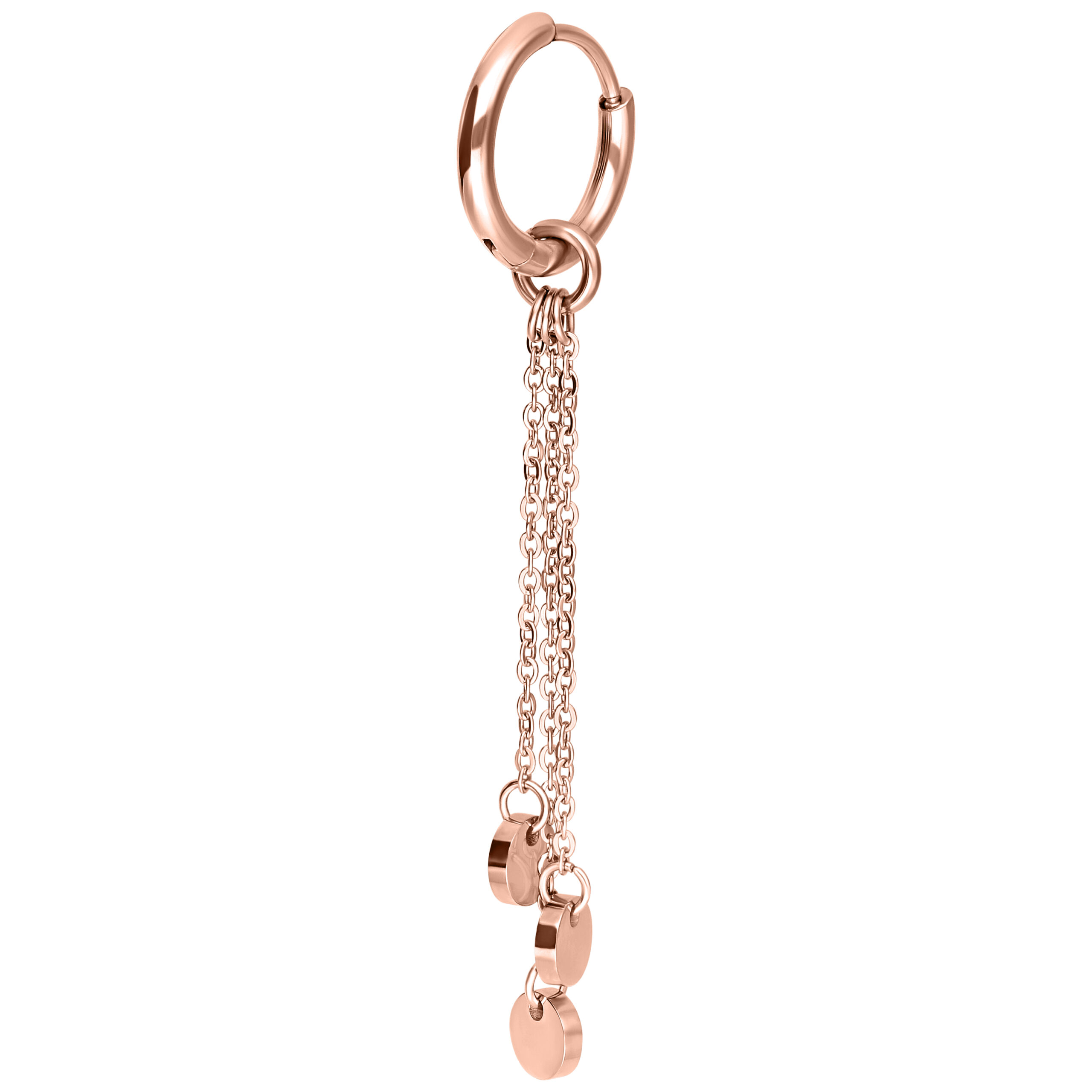 Orecchino a cerchio in oro rosa con tre piastrine su catenine su sfondo bianco