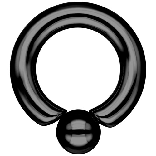 Anello a vite nero in acciaio chirurgico, spessore 6mm, diametro interno 15mm, sfera 10mm su sfondo bianco