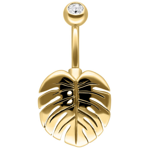 Piercing all'ombelico dorato a forma di Monstera con cristallo chiaro su sfondo bianco