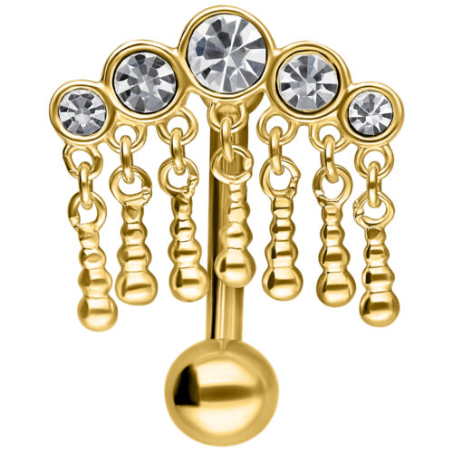 Bananabell dorato con cinque cristalli pendenti su sfondo bianco