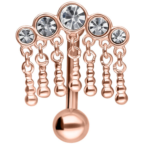 Micro Bananabell in oro rosa con cinque cristalli pendenti su sfondo bianco