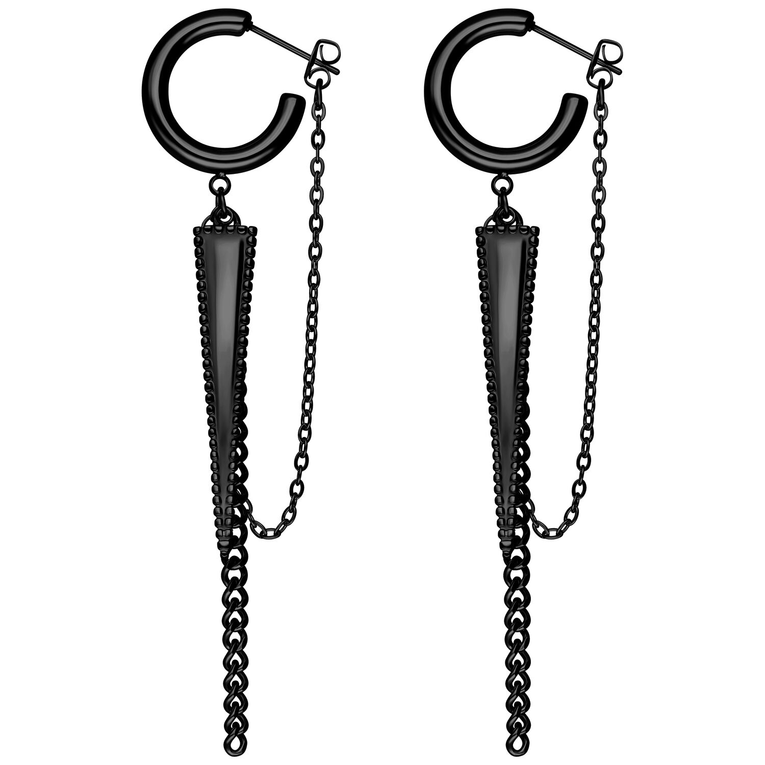 Orecchini a triangolo neri in acciaio chirurgico con catena su sfondo bianco