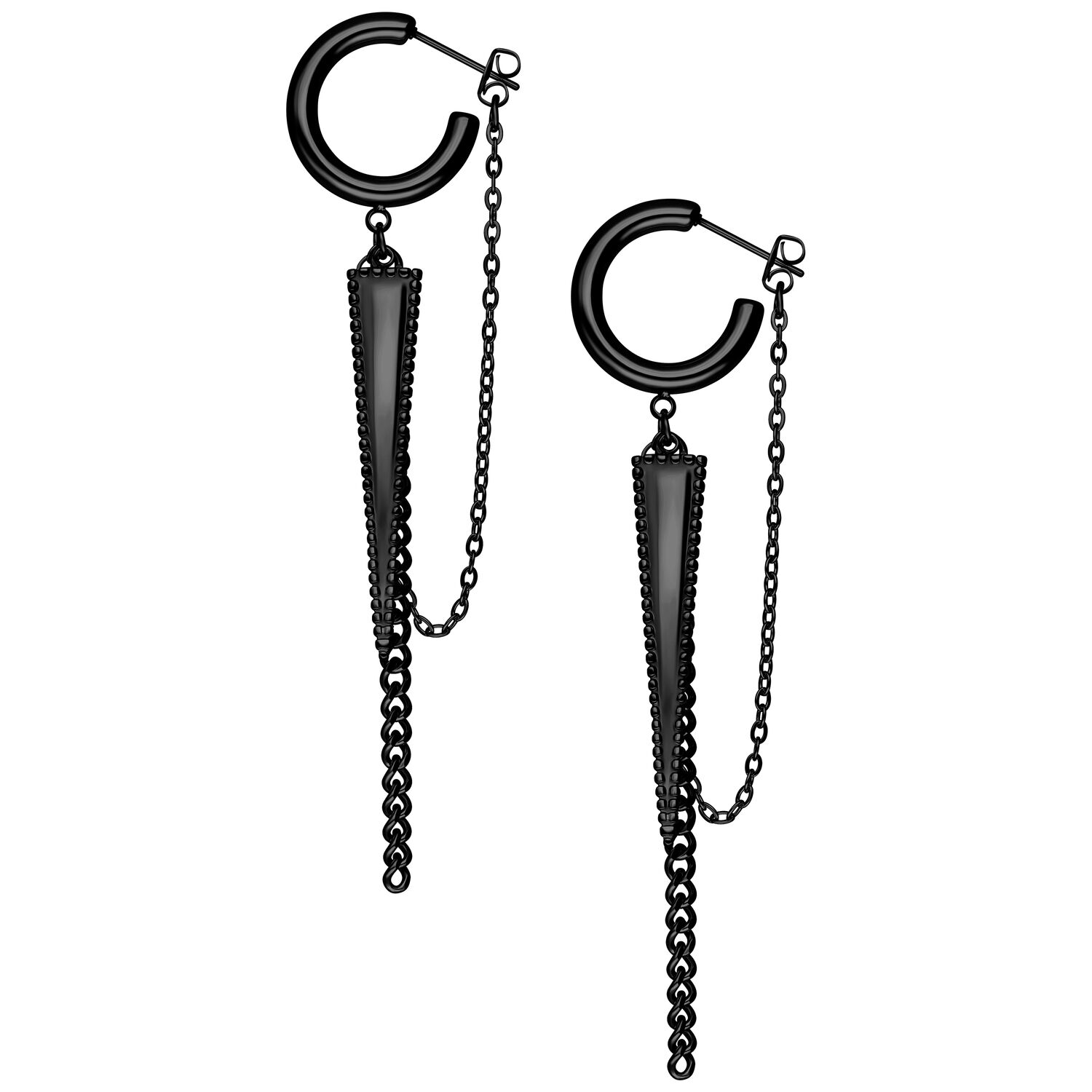 Orecchini a triangolo neri e lucidi con pendenti a catena su sfondo bianco