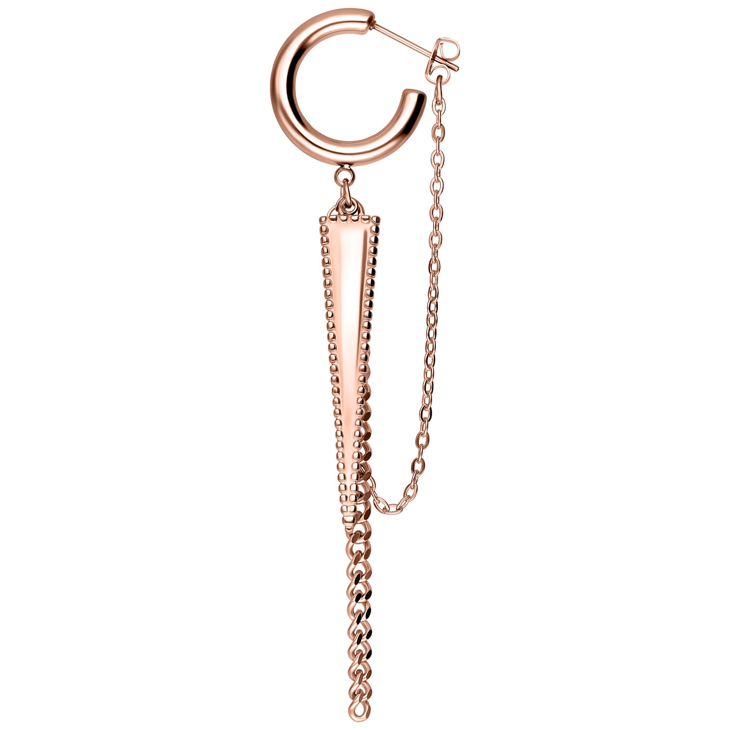 Orecchini a perno in oro rosa con pendenti a catena su sfondo bianco