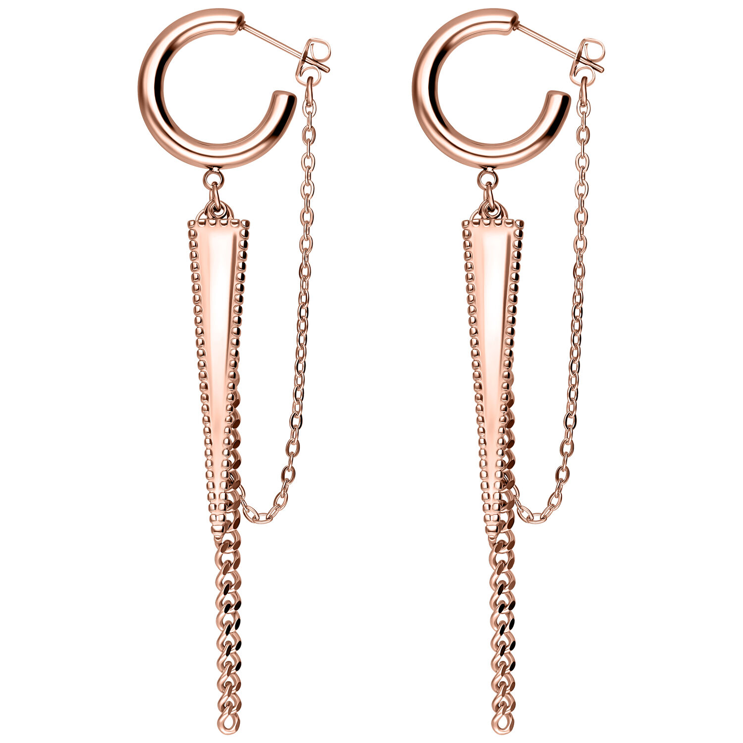 Orecchini in oro rosa con lunghe catene e chiusura a perno su sfondo bianco