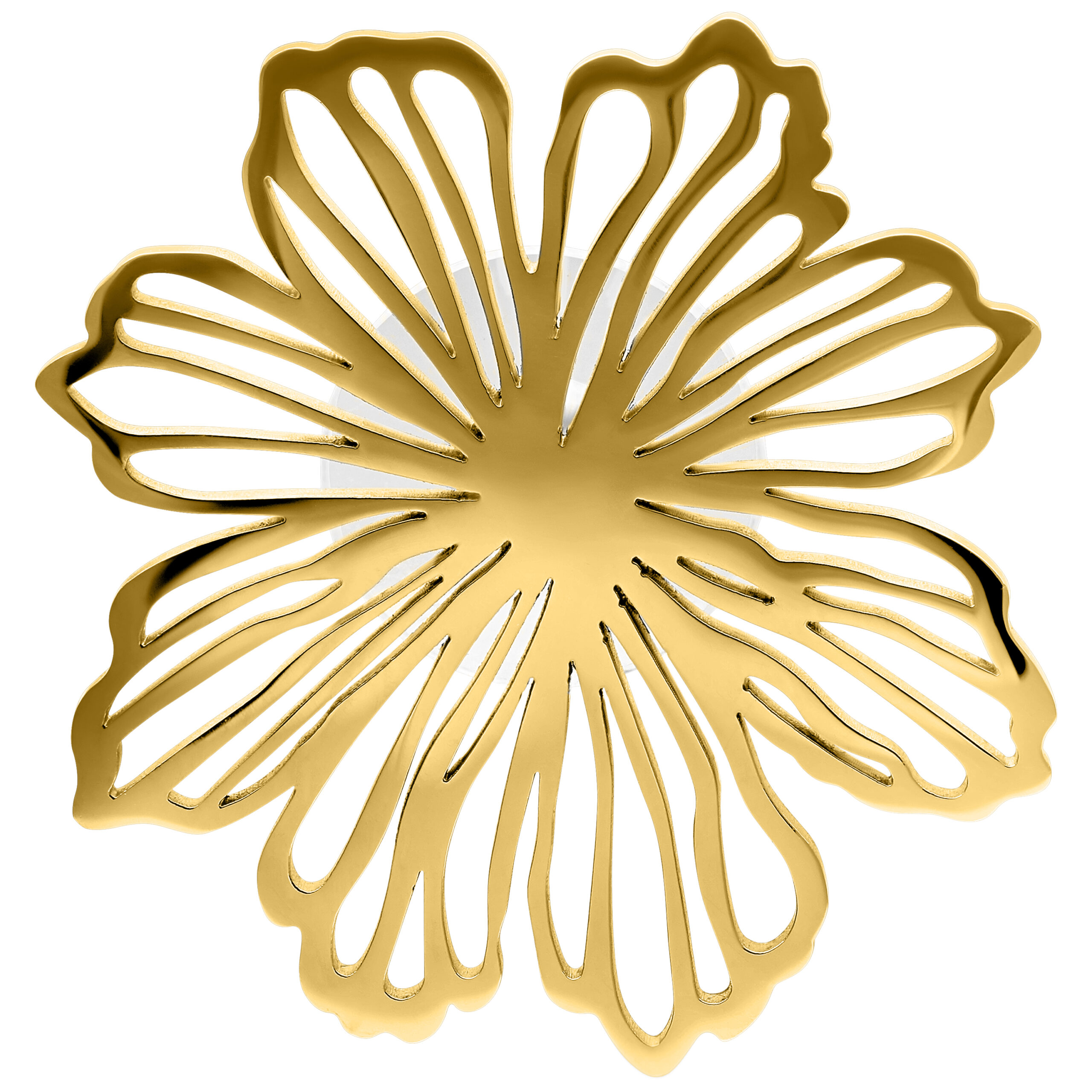 Orecchini a fiore dorati in acciaio chirurgico Orecchini dorati a forma di fiore su sfondo bianco