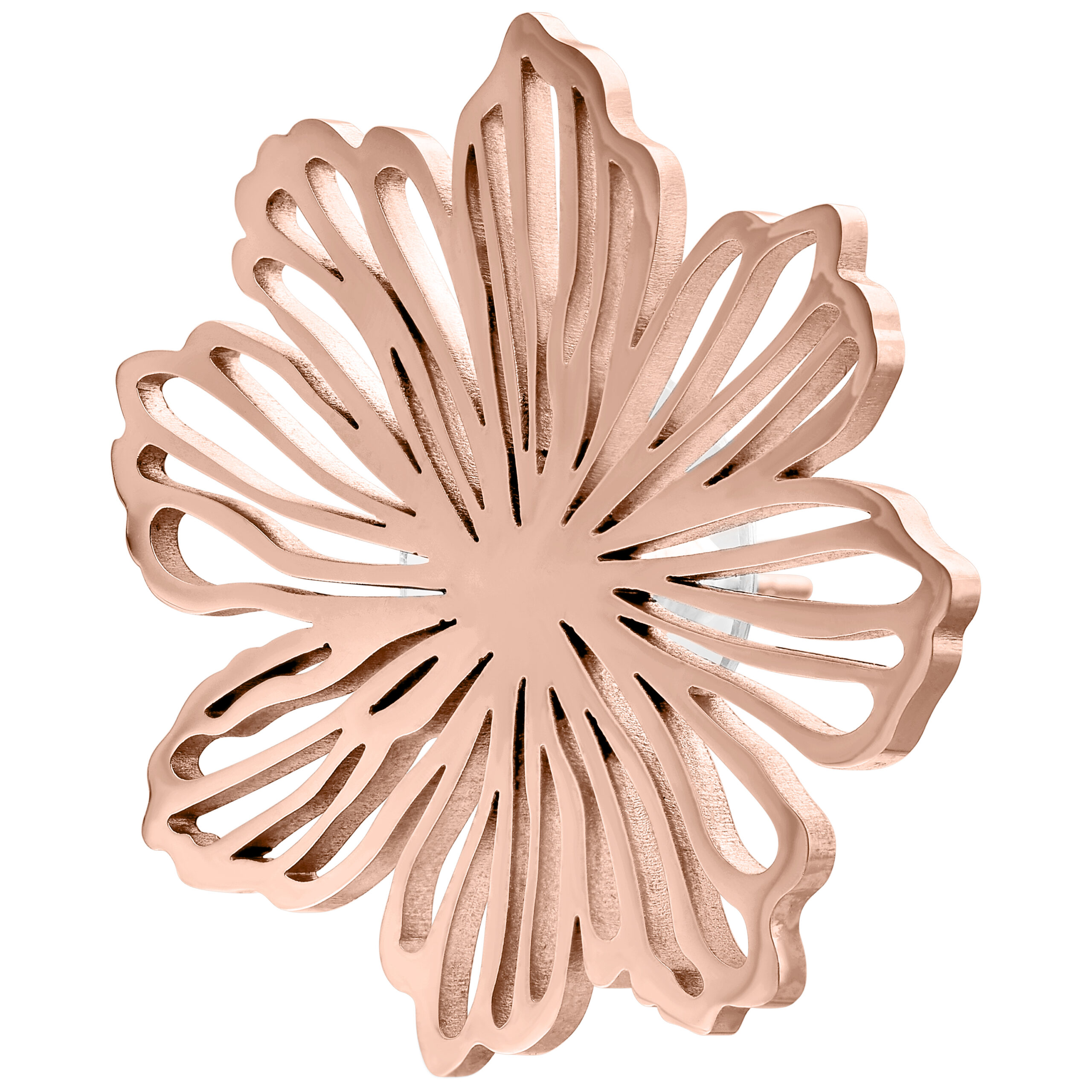 Orecchini a fiore in oro rosa in acciaio chirurgico lucidato a specchio su sfondo bianco