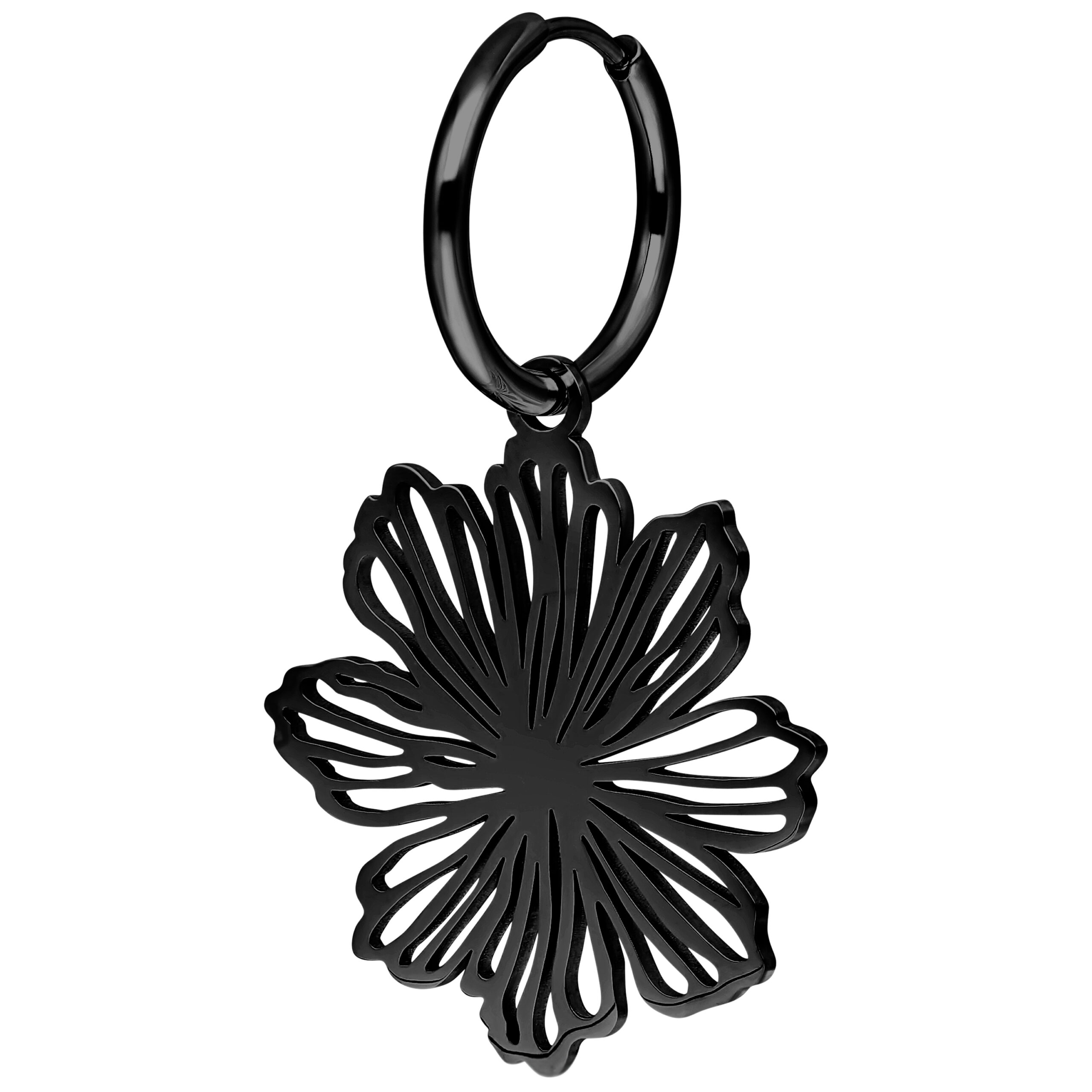 Orecchino nero a forma di fiore, lucido, su sfondo bianco
