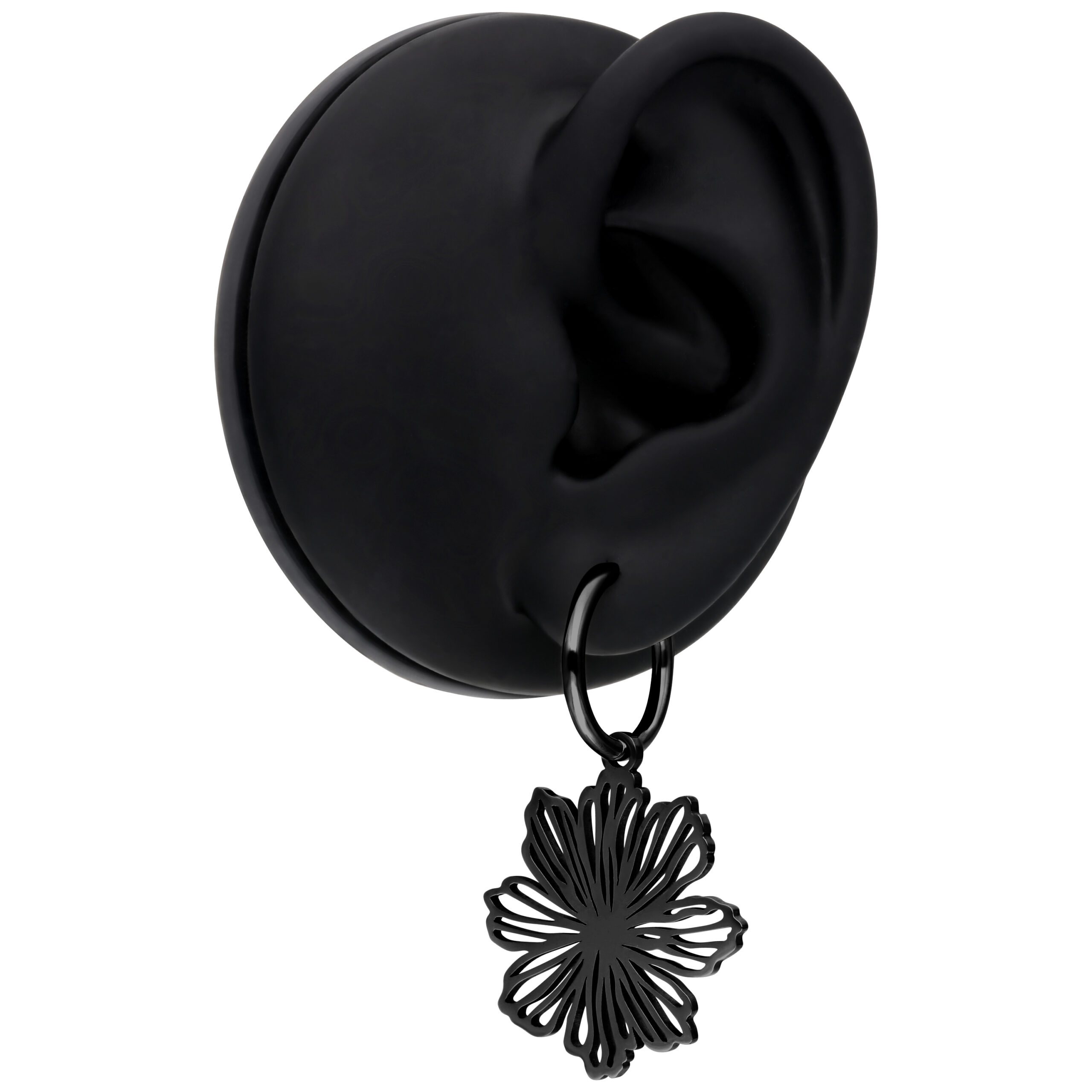 Orecchini neri in acciaio chirurgico con ciondolo a fiore su sfondo bianco
