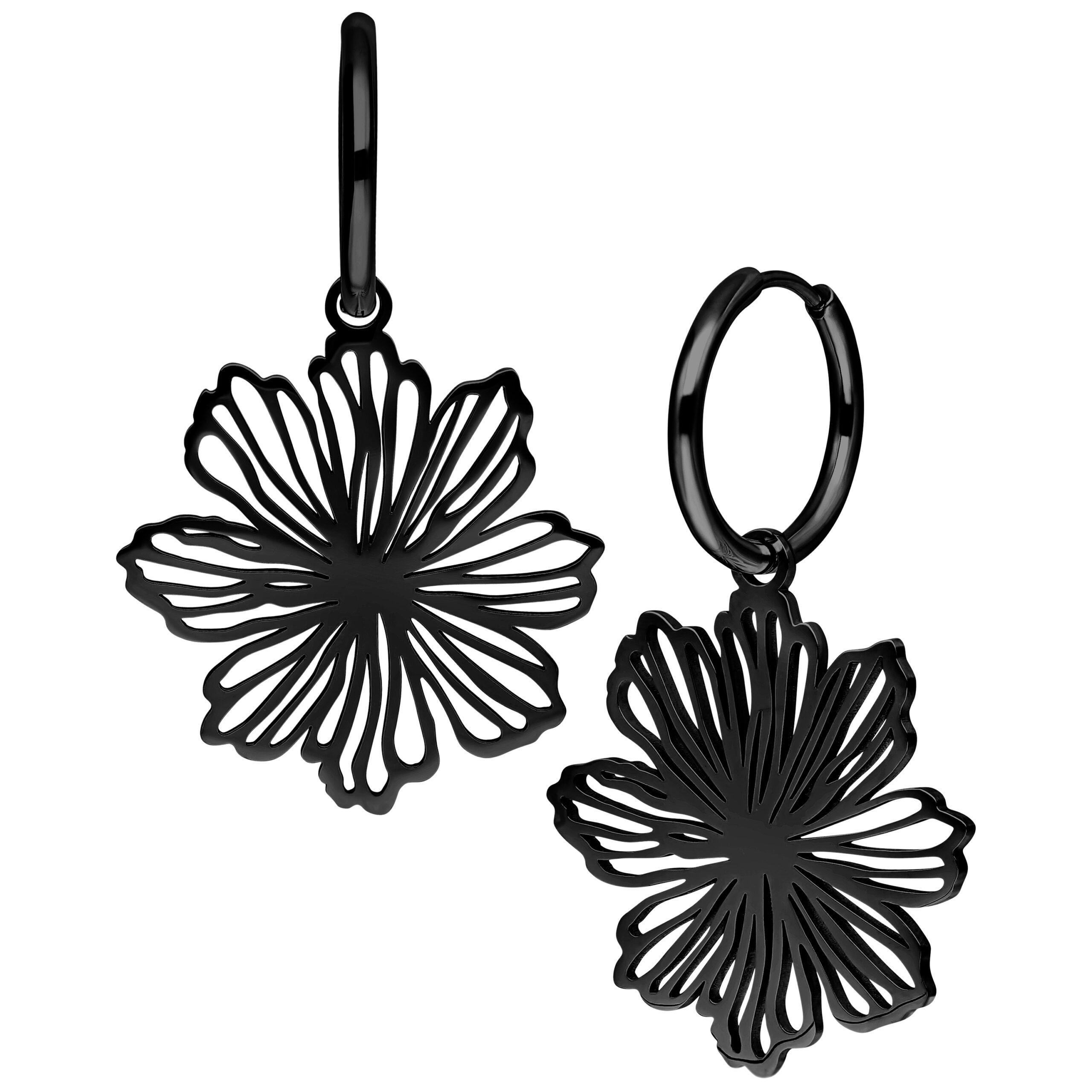Orecchini neri a forma di fiore in acciaio chirurgico su sfondo bianco