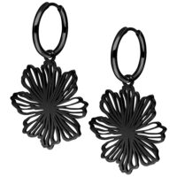 Orecchini a cerchio neri con motivo floreale in acciaio chirurgico su sfondo bianco