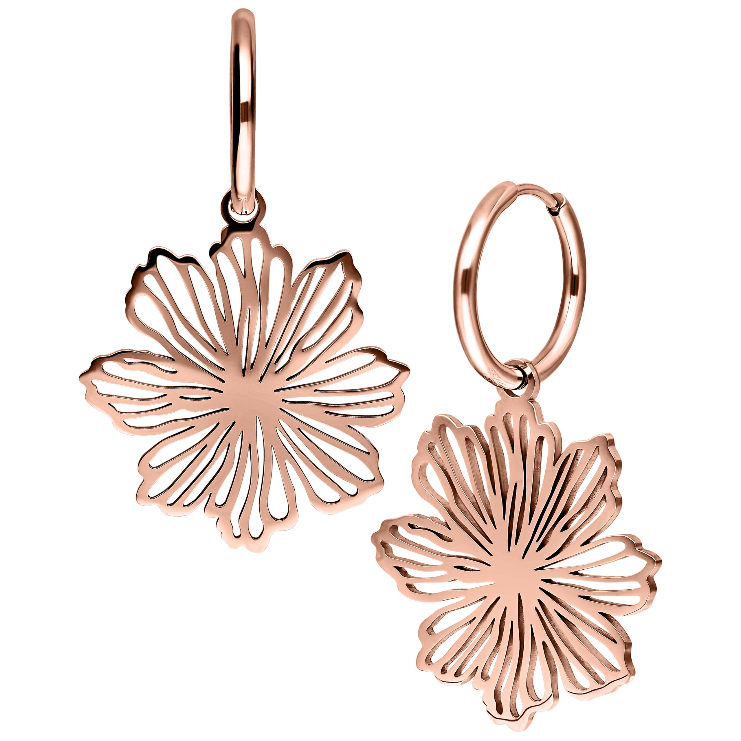 Due orecchini in oro rosa a forma di fiore su sfondo bianco