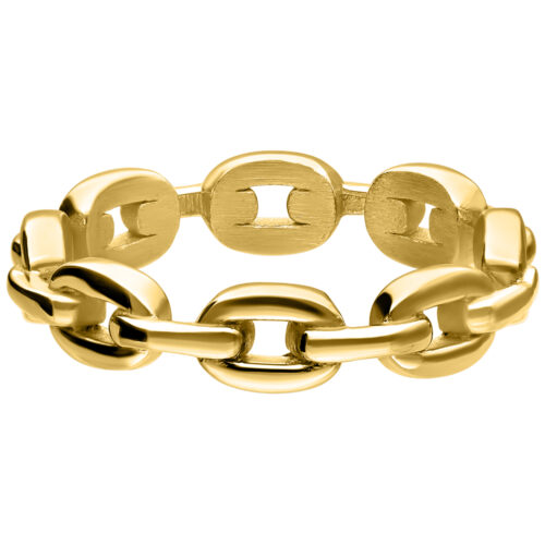 Anello a catena dorato in acciaio chirurgico, misura 17,0 mm, su sfondo bianco