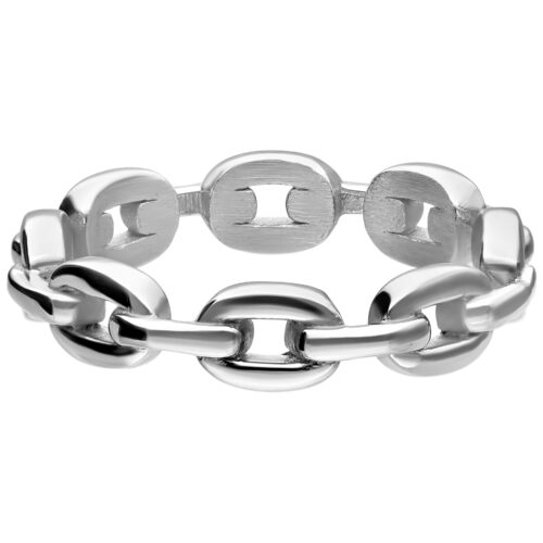 Anello a maglie d'argento in acciaio chirurgico 316L su sfondo bianco