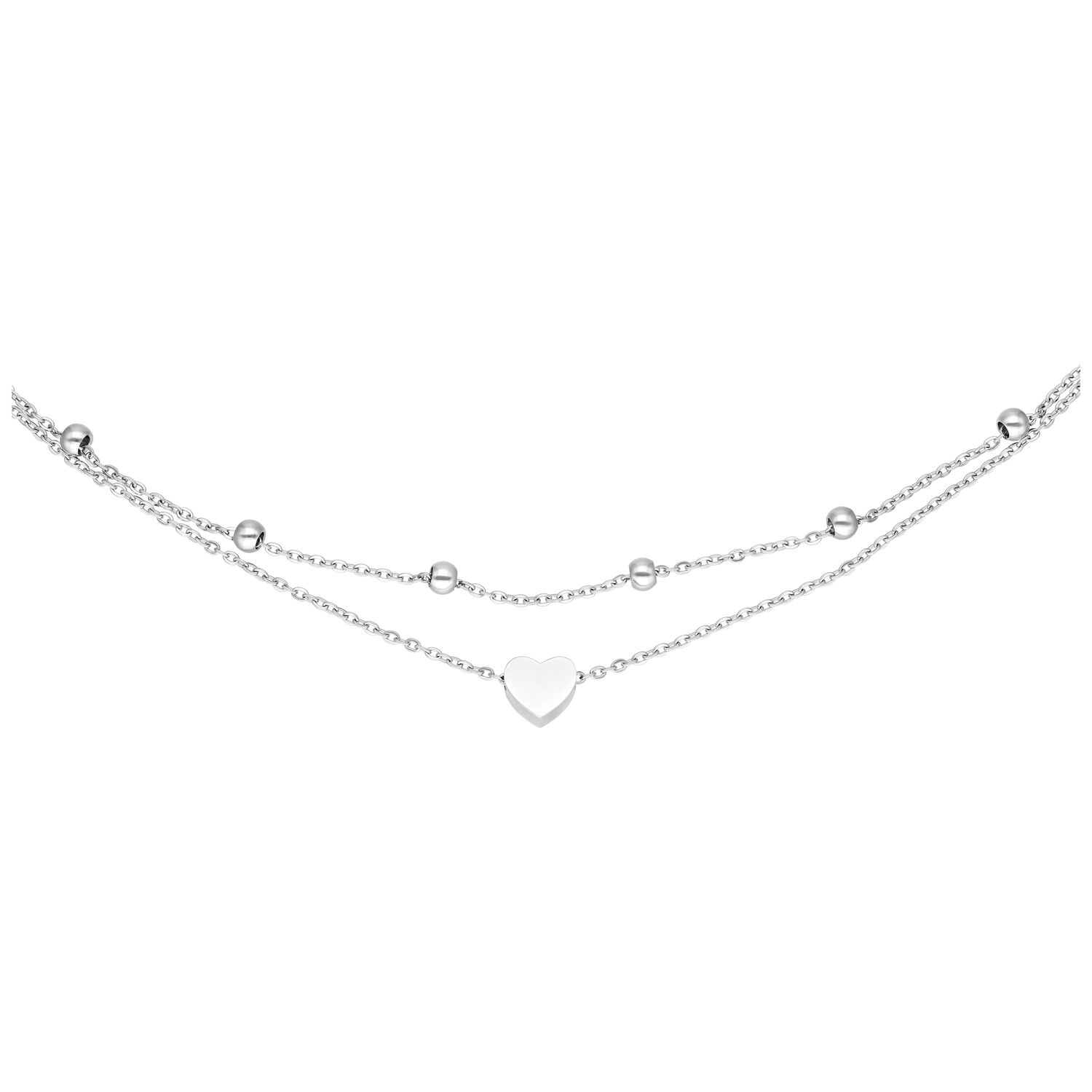 Bracciale a doppio filo in argento con ciondolo a cuore e sfere su sfondo bianco