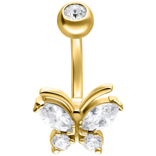 Piercing ombelico dorato a forma di farfalla con cristalli chiari su sfondo bianco