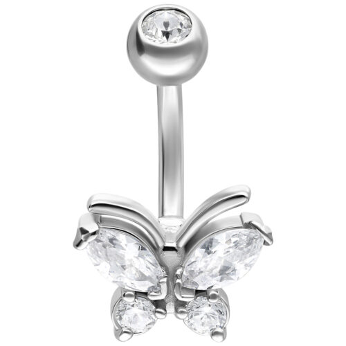 Piercing all'ombelico in argento con farfalla e cristalli chiari su sfondo bianco