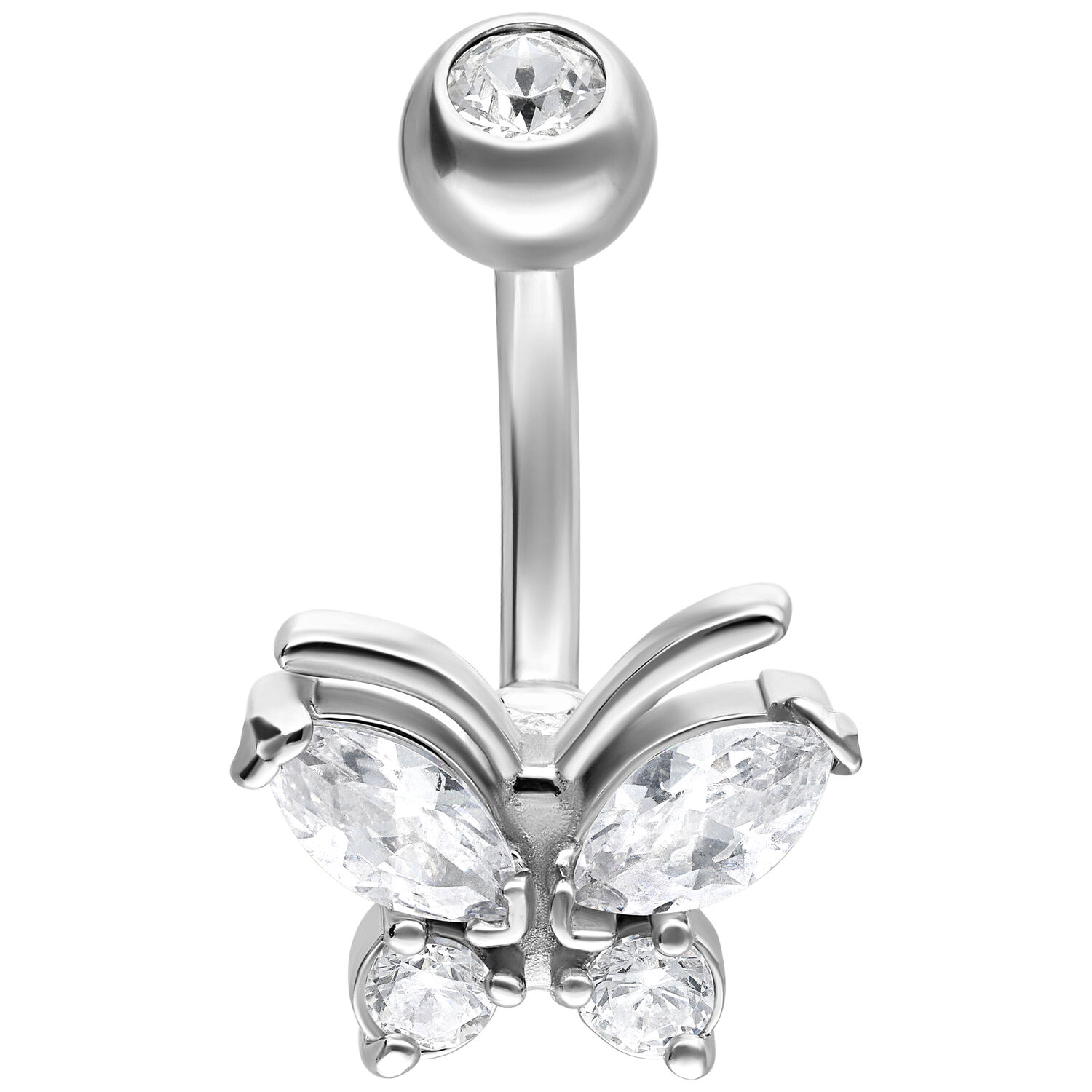 Piercing all'ombelico in argento con farfalla e cristalli chiari su sfondo bianco