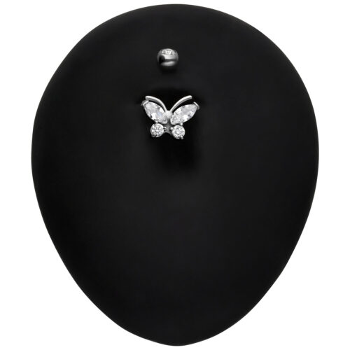 Banana Bell in argento con farfalla e cristalli chiari su sfondo nero