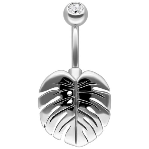 Bananabell in argento con foglia di Monstera e cristallo chiaro su sfondo bianco