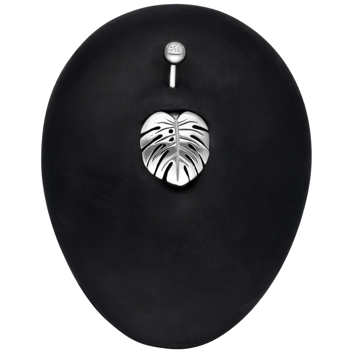 Piercing Bananabell in argento con design a foglia di Monstera su sfondo nero