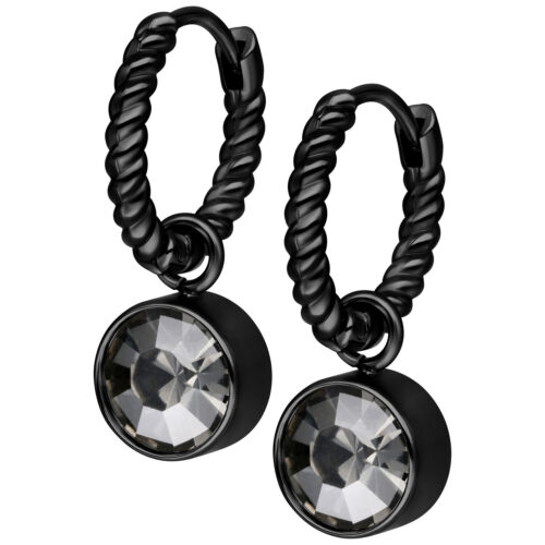 Orecchini a cerchio intrecciati neri con cristallo nero diamante su sfondo bianco