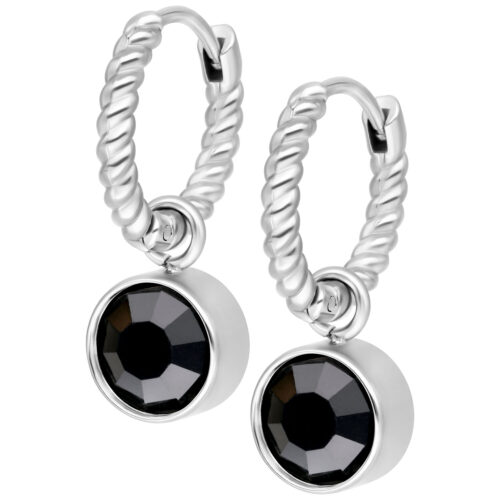 Little Twisted Hoops d'argento con cristalli neri su sfondo bianco