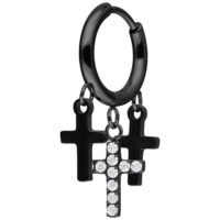 Orecchino nero con tre croci pendenti, una con cristalli, su sfondo bianco