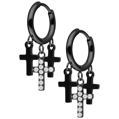 Cerchi neri con croci pendenti, decorati con cristalli chiari, su sfondo bianco
