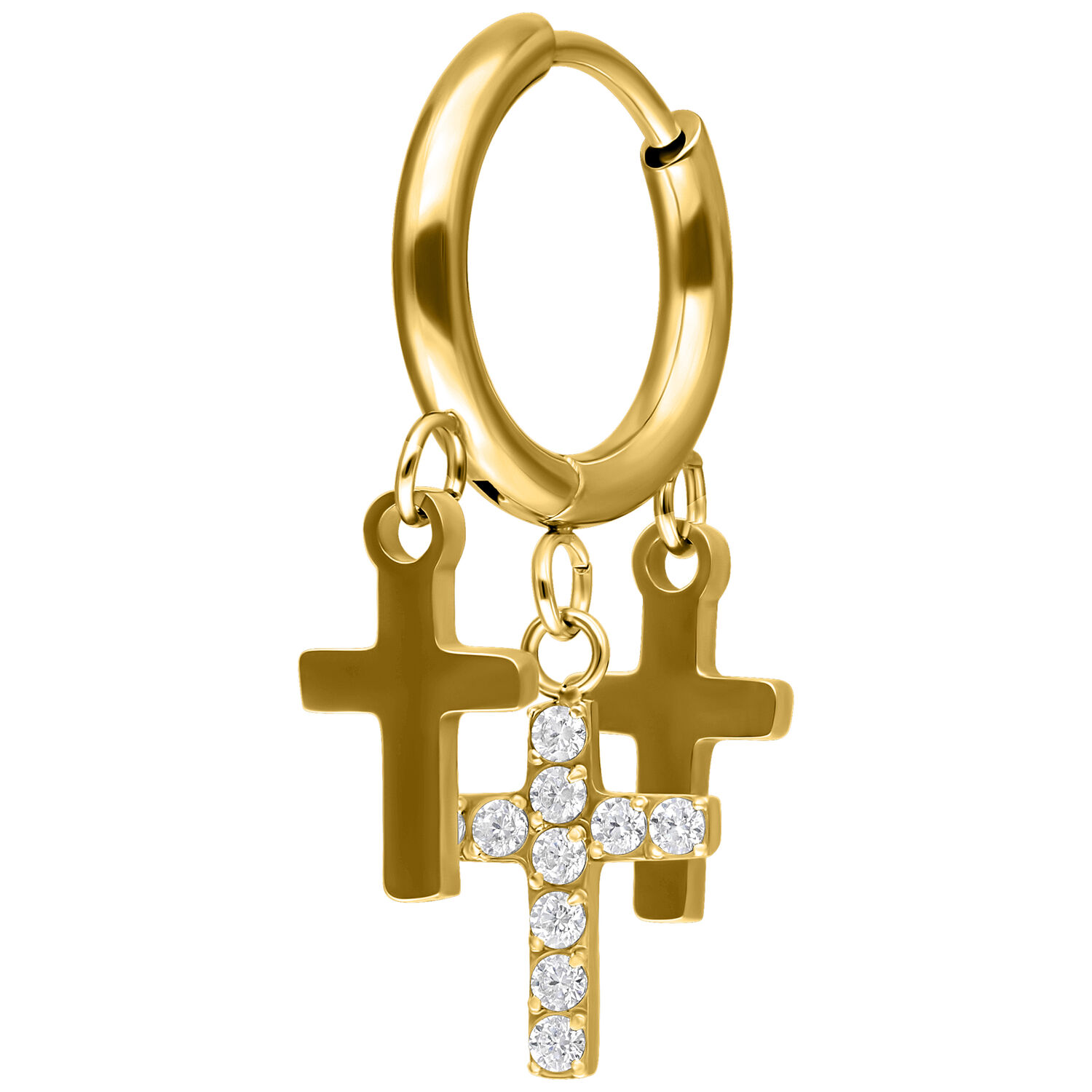 Orecchini a cerchio in oro con tre piccole croci pendenti su sfondo bianco